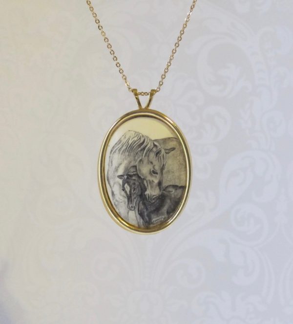 MOTHER HORSE WITH BABY Mare and foal scrimshaw reproduction In black