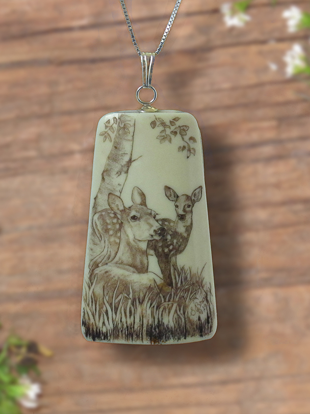 Doe and fawn scrimshaw