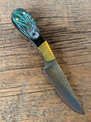 Colorful tiger etched on custom knife